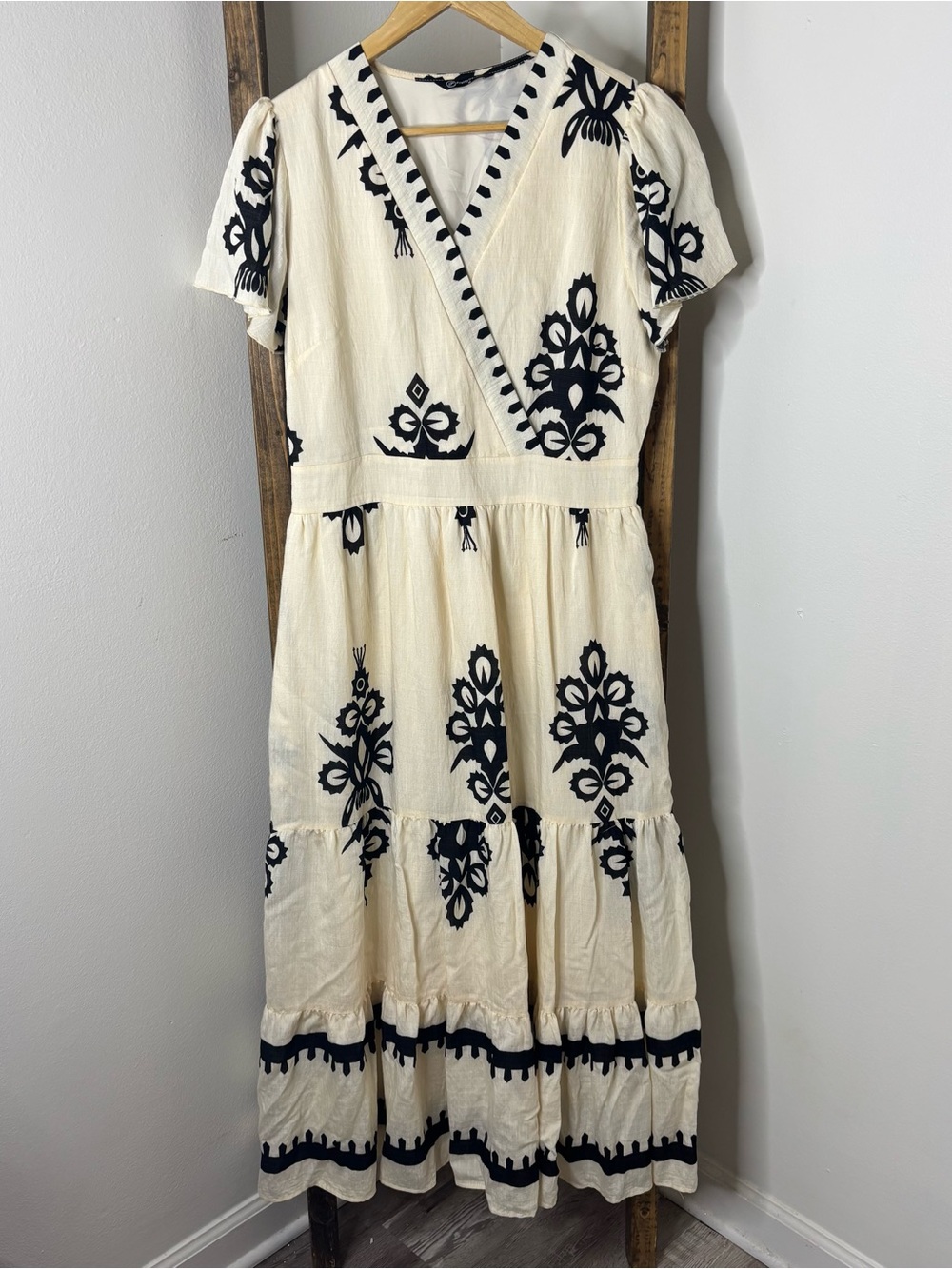 PrettyGarden Cream Dress with Black Embroidered Motif Size S